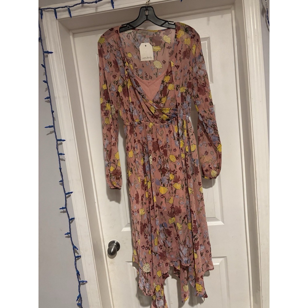 Wonderly Midi Dress Sheer Asymmetrical Hem Boho Flirty Pink Floral‎ Medium H245